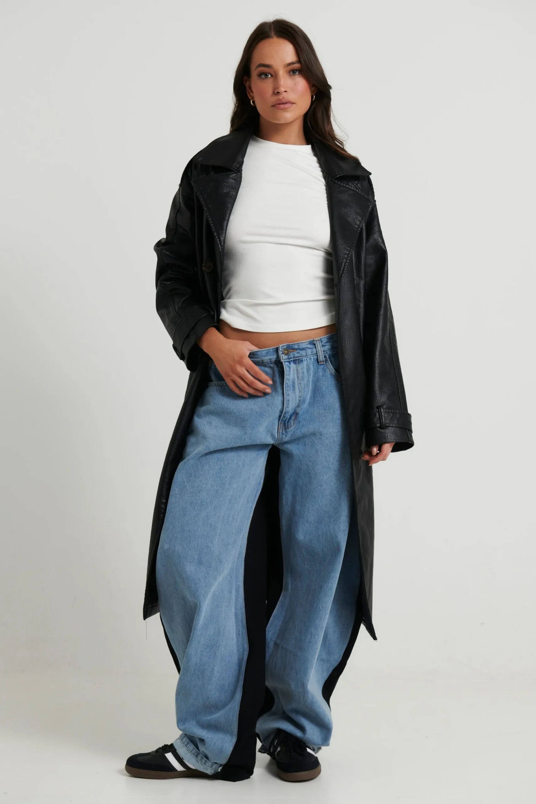 Jackets & Blazers>New Line Fashion Celia Leather Trench Black