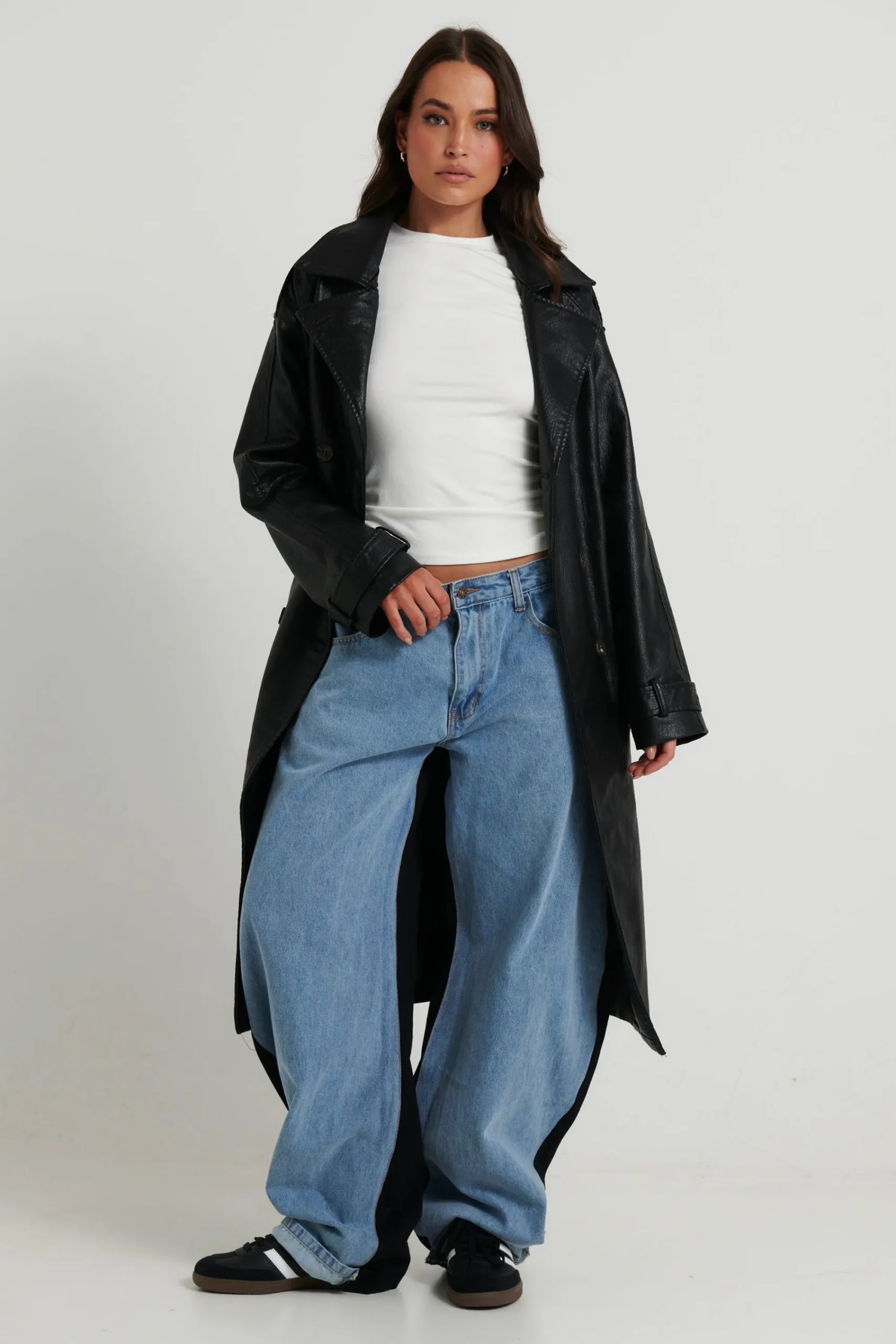 Jackets & Blazers>New Line Fashion Celia Leather Trench Black