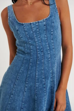 Dresses>Pink Diamond Daisy Midi Dress Dark Denim
