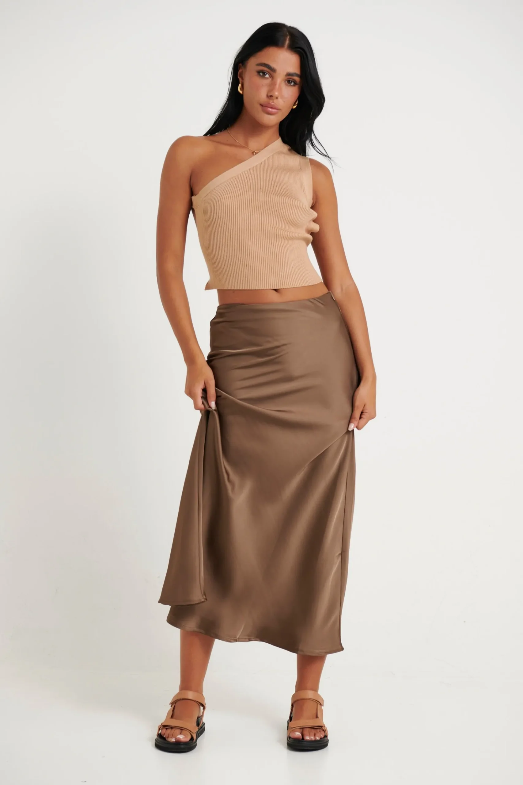 Skirts>Light The Fuze Dove Midi Skirt Chocolate