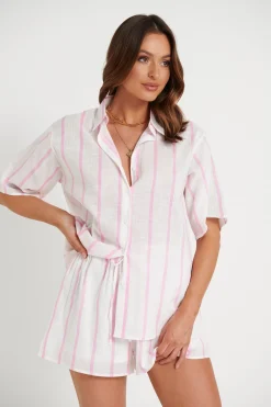 Sets>By Frankie Raffy Linen Set White/Pink - Final Sale